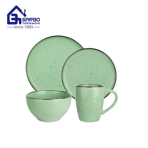 Großhandel Geschirr Beliebtes grünes Keramik-Geschirrset mit 16-teiligem Steingut-Teller-Schüssel-Tassen-Set