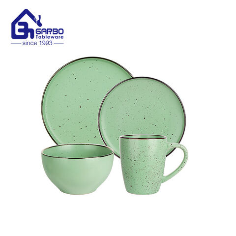 Wholesale tableware Popular green ceramic dinner set of 16pieces stoneware plate bowl cup set 