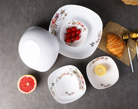 Grand bol de service carré bon marché pour Restaurant, bol en verre opale de 10.5 pouces