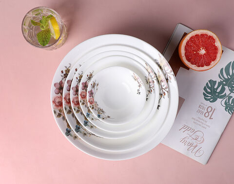 Runde Servierschüssel aus weißem Opalglas der Promotion-Serie, 10.5 Zoll, mit OEM-Dekor