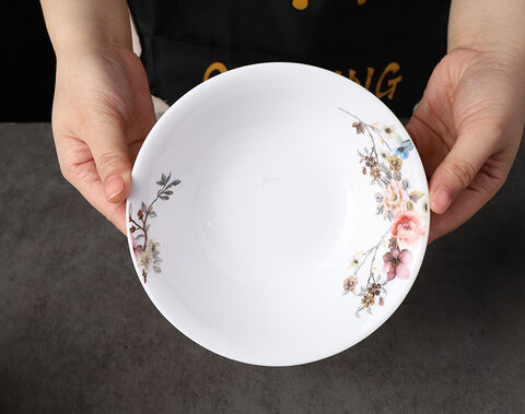 Série de promoção tigela de servir redonda de vidro opala branco de 10.5 polegadas com decoração OEM
