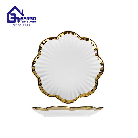 Placa cerâmica em formato de flor de alta qualidade com borda de ionização dourada para casa e hotel