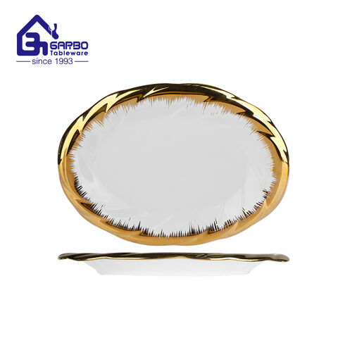 Altın bantlı Çin fabrikası oval şekilli porselen tabak 10 inç otel servis tabağı kutsal ateş tasarımı