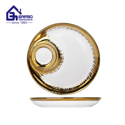 luxury Golden banded  9 inches white porcelain dishes irregular Magnolia engraving ceramic plates 
