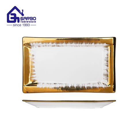 Custom  gold ceramic long dish plating 10 inch  porcelain fish plate luxury hotel dinner service dishes set