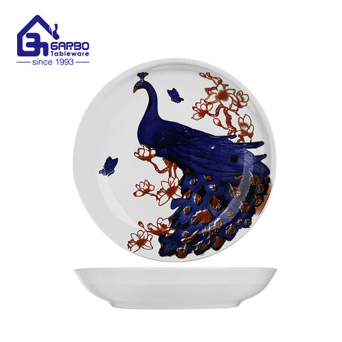 Creative 9-inch Deep Ceramic Plate Leaves Printing Stoneware Dish for Festival Gifts