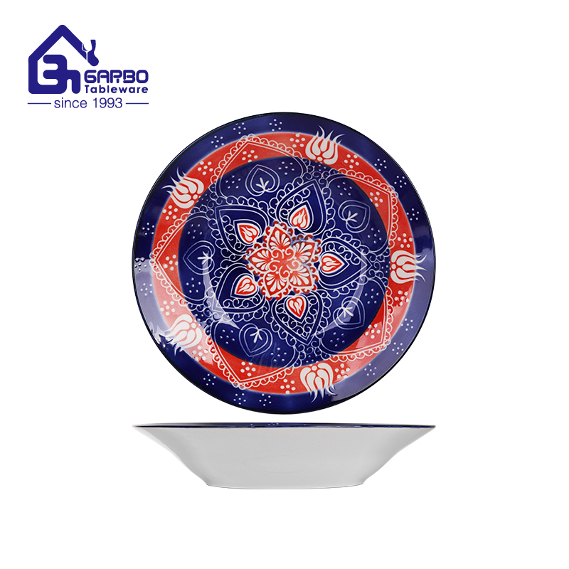 Retro Green and red 8-inch ceramic soud plate round-shaped stoneware deep plates for wholesale 