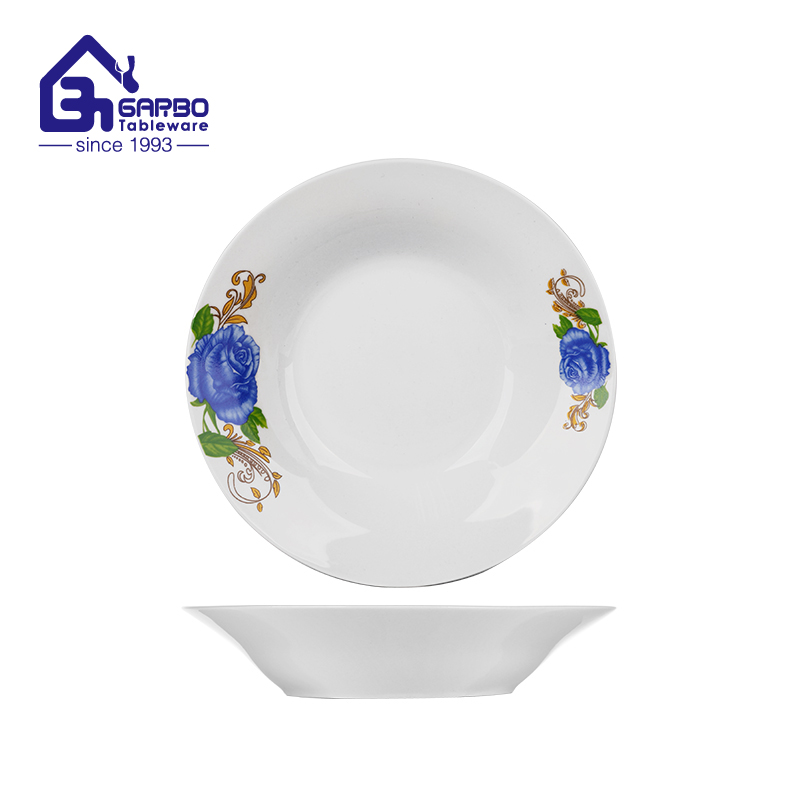 Wholesale low price 8-inch round-shaped ceramic deep plate stoneware dish with floral printing 