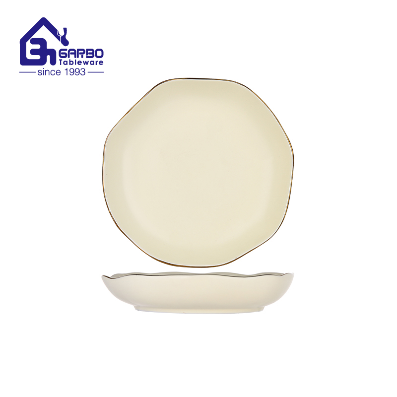 Wholesale 8-inch irregular-shaped reusable porcelain plate with light yellow color glaze  ceramic fruit dish  from China 