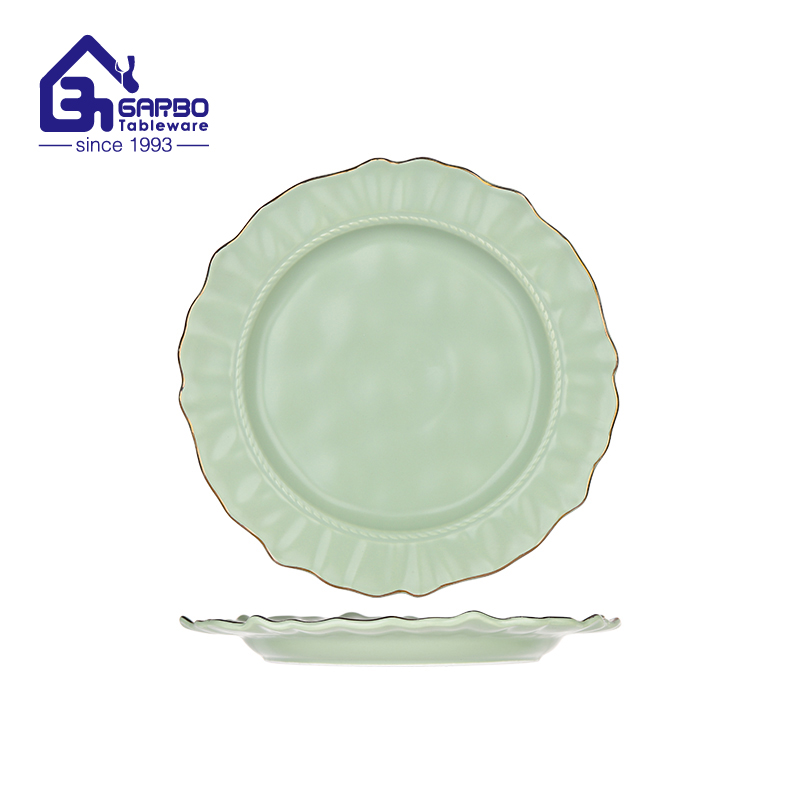 Green Color Irregular Shape Porcelain Dinner Plate in Gold Rim New Design Houseware
