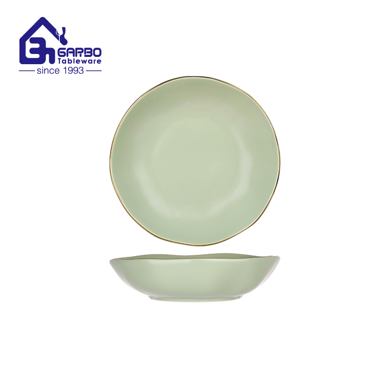 Green Color Irregular Shape Porcelain Dinner Plate in Gold Rim New Design Houseware