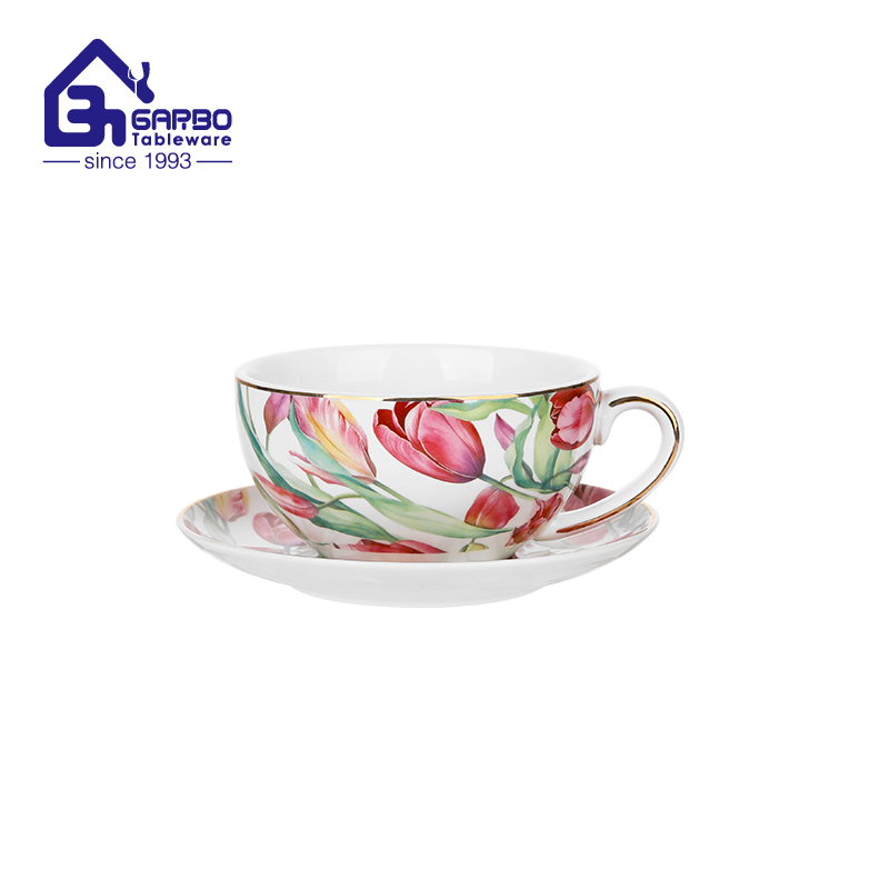 340ml durable porcelain coffee and tea mug set with flower decal