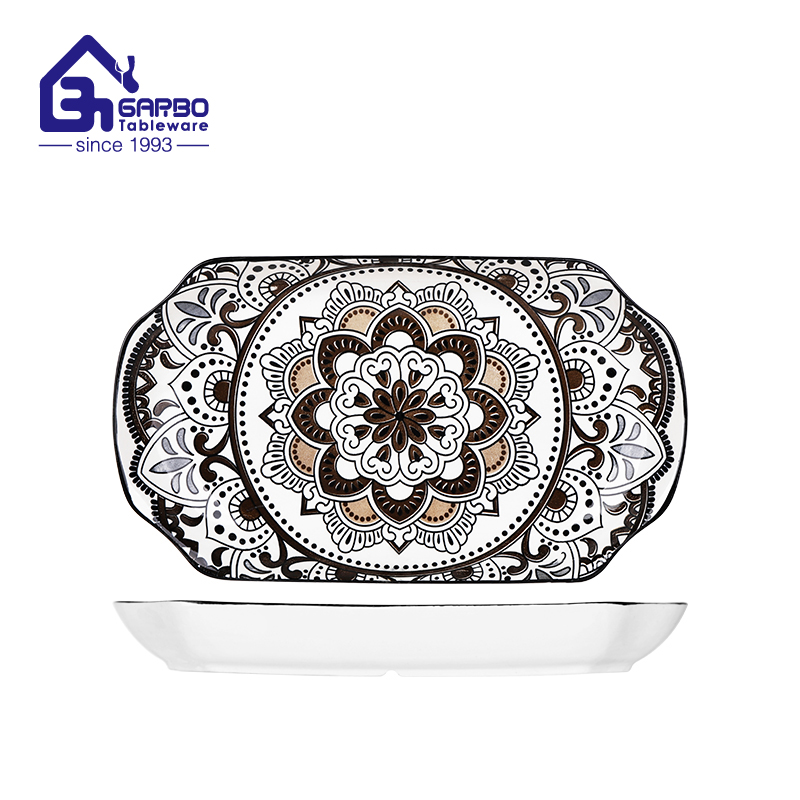 12 inch reinforced irregular oval ceramic plate with gold rim 