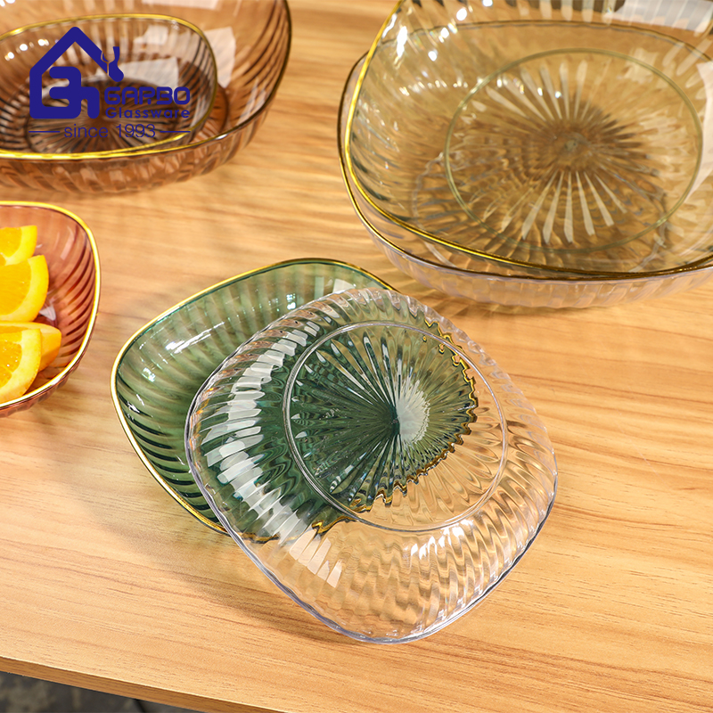 Luxury 6 inches PET fruit plate plastic snack plate with gold rim
