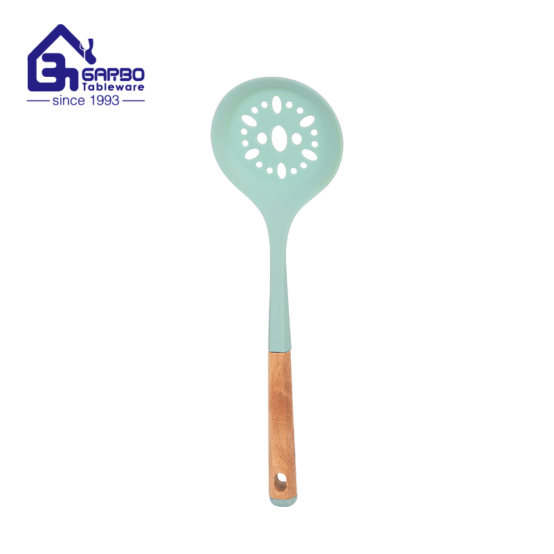 Brazil hotsell kitchen tools silicone slotted spoon with wooden handle for wholesale