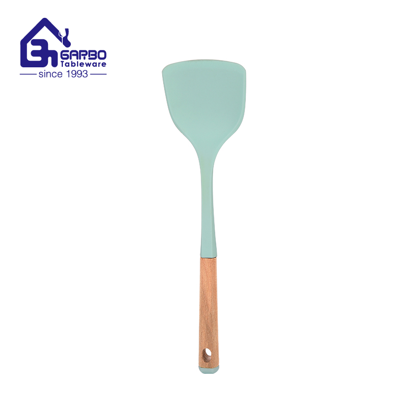 Brazil hotsell kitchen tools silicone slotted spoon with wooden handle for wholesale