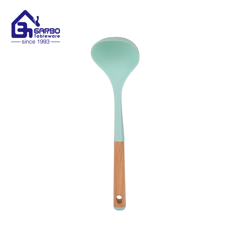 Brazil hotsell kitchen tools silicone slotted spoon with wooden handle for wholesale