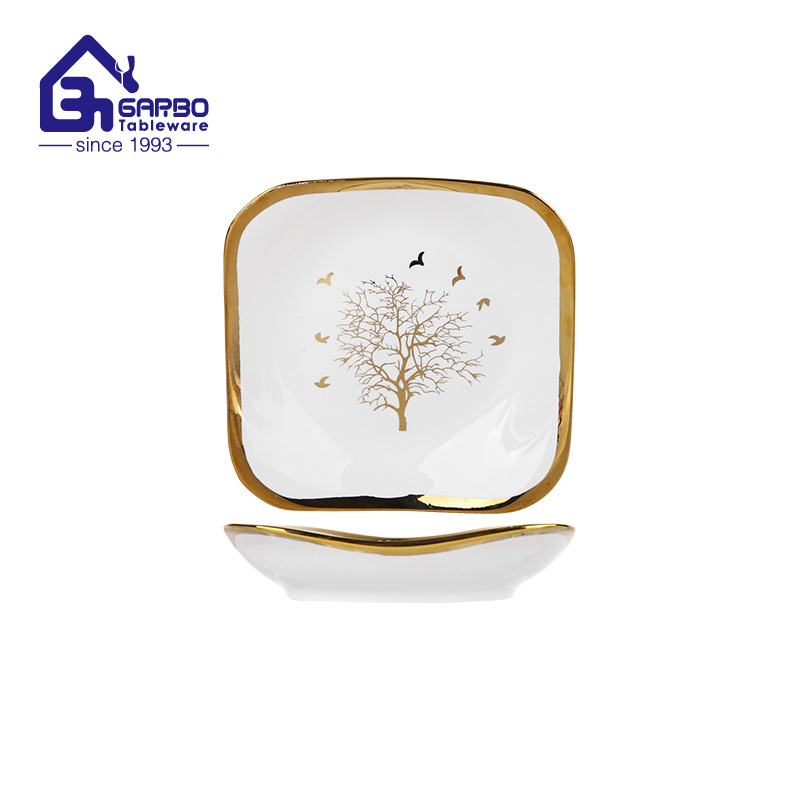 7.5 inch electroplated gold tree design square ceramic plate