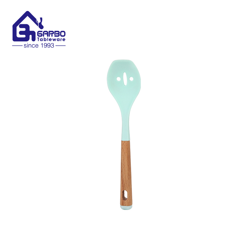 Lake Green Color Heat Resistant Silicone Slotted Spoon 23cm BPA Free Non Scratch Cooking Kitchen Mixing Spoon
