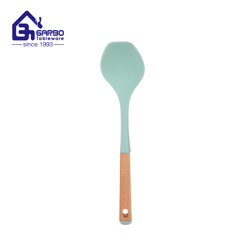 Lake Green Color Heat Resistant Silicone Slotted Spoon 23cm BPA Free Non Scratch Cooking Kitchen Mixing Spoon