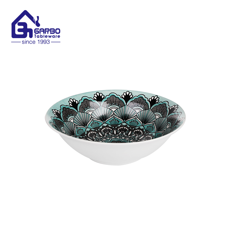 6.8-inch Ceramic Printed Serving Bowl - Green Leaf Design