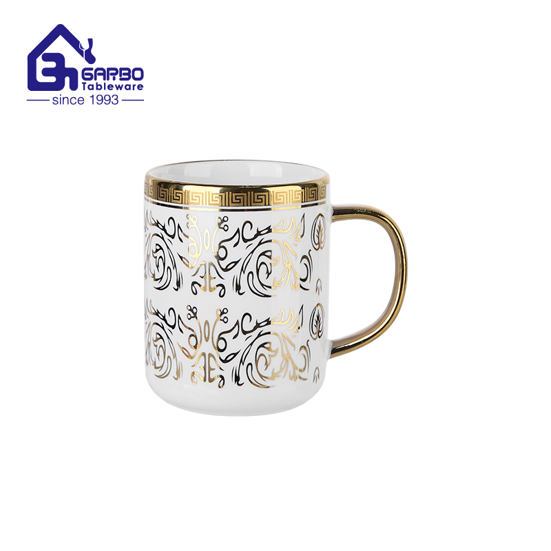 390ml Luxury Electroplated Stoneware Mug with Gold Arabic Pattern & Greek Key Design