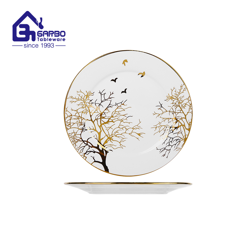 9-inch Luxury Ceramic Dinner Plate with Gold Tree & Bird Decal and Gold Rim