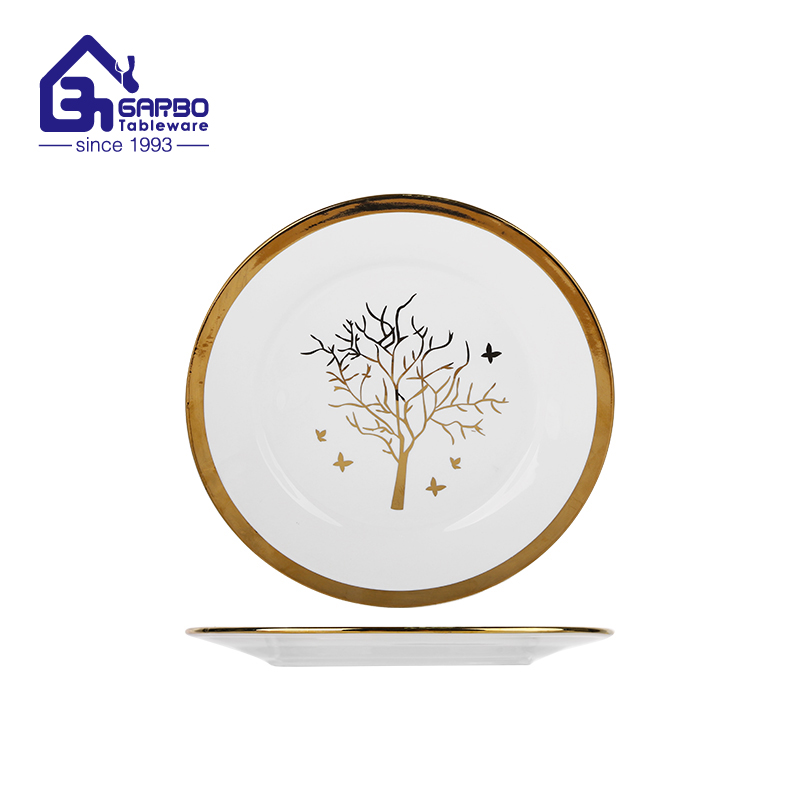 Wholesale 10.5 inch porcelain flat plate with golden decal from China Manufacturer