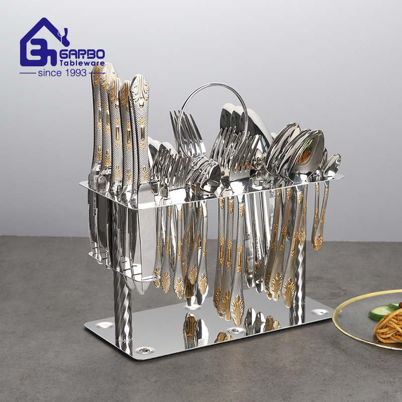 24PCS Stainless Steel Golden Cutlery Set Dinnerware Set Knife Fork Spoon Cutlery Kit Luxury Silverware with Iron Shelf Tableware Set Dishwasher Safe