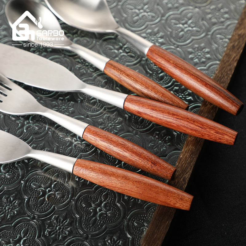 Stock Fast Shipment Cutlery Set with Wooden Handle Silver Stainless Steel Knife Fork and Spoons Set
