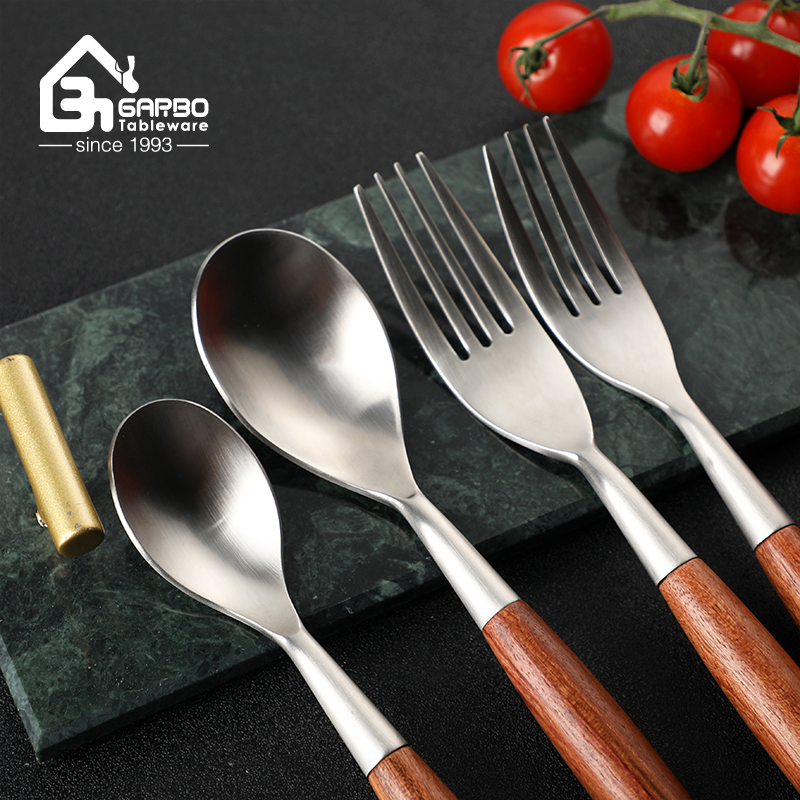 Stock Fast Shipment Cutlery Set with Wooden Handle Silver Stainless Steel Knife Fork and Spoons Set