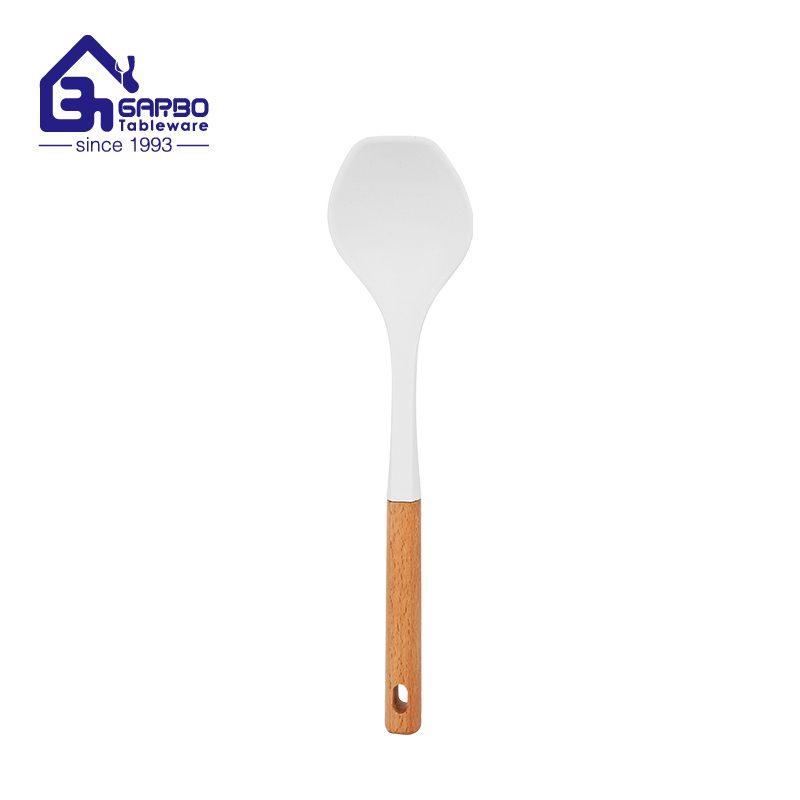 Natural style silicone solid spoon with wooden handle