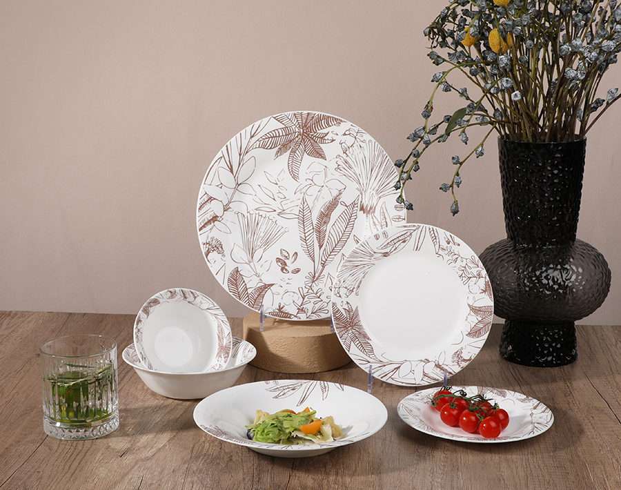 Household Tableware Opal Glass Dinner Set with Leaf Decor
