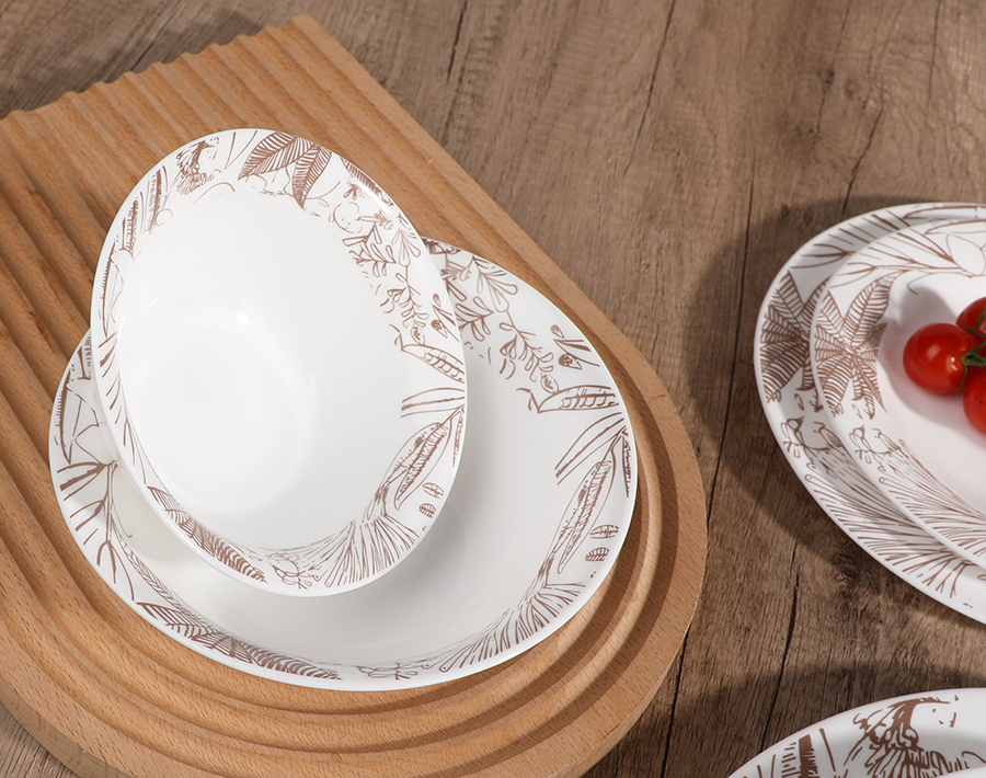 Household Tableware Opal Glass Dinner Set with Leaf Decor