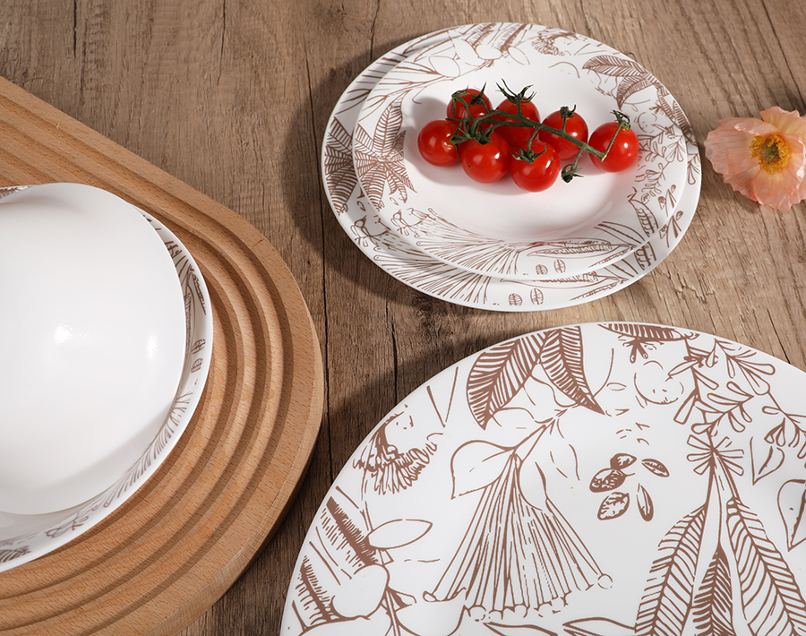 Household Tableware Opal Glass Dinner Set with Leaf Decor