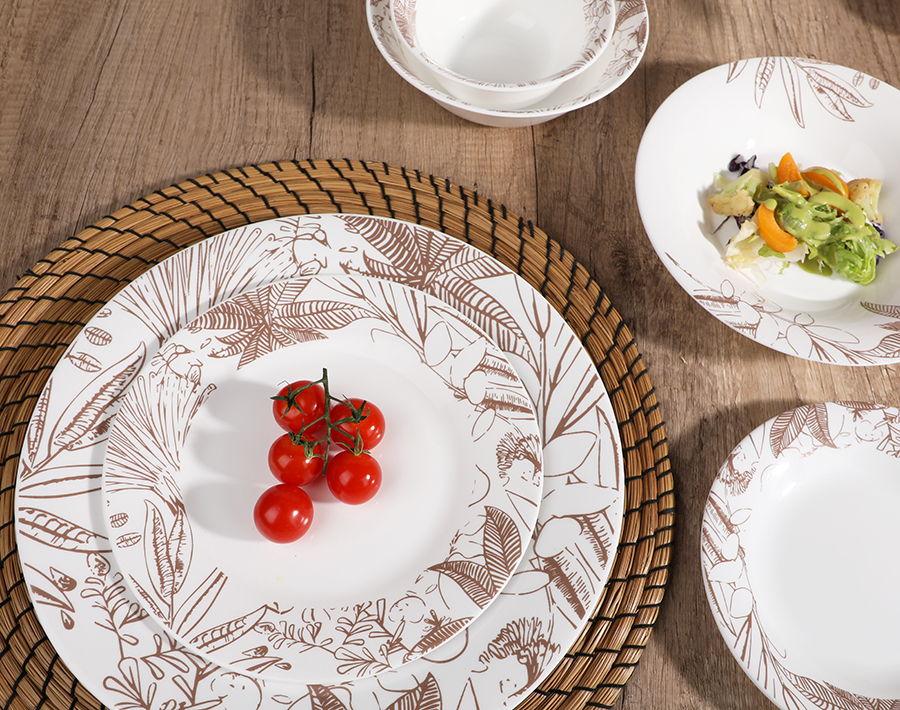 Household Tableware Opal Glass Dinner Set with Leaf Decor