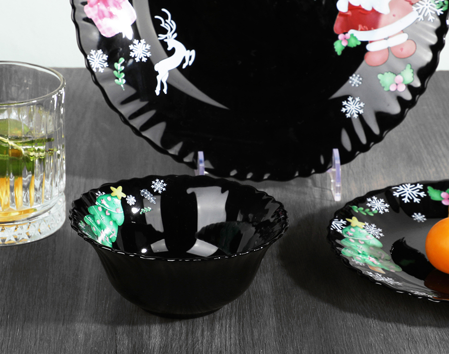 Black White Opal Glass Bowls Plates with Santa Claus Printing