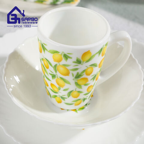 Wholesale Opal Glassware Mug 190ml with Lemon Yellow Line Design
