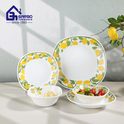 Lemon Print Square White Opal Glass Dinnerware Set Break-Resistant & Dishwasher Safe
