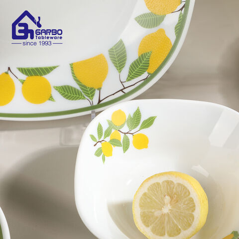 Lemon Print Square White Opal Glass Dinnerware Set Break-Resistant & Dishwasher Safe