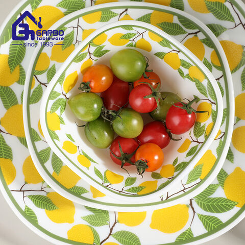 Lemon Print Square White Opal Glass Dinnerware Set Break-Resistant & Dishwasher Safe