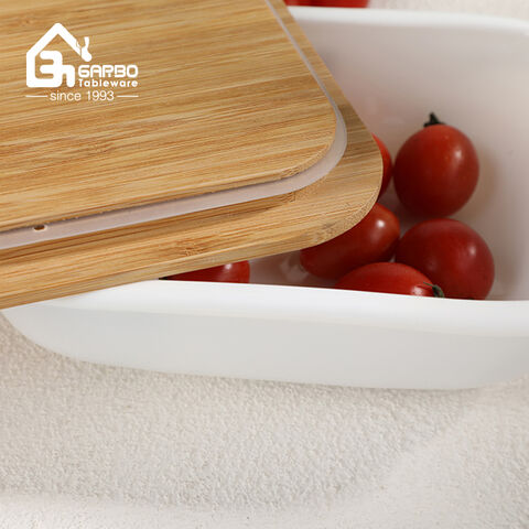 Wholesale Opal Glass Food Container With Bamboo Lid