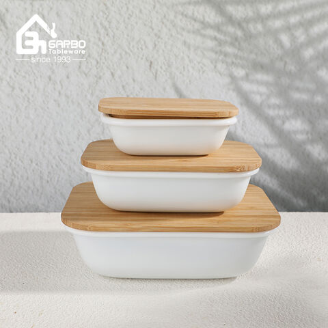 Airtight Opal Food Container with Bamboo Lid Set of 3 Recantagular Shape