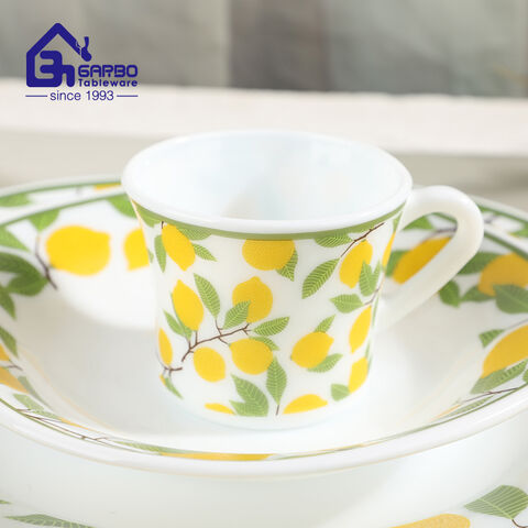 Lemon-printed white glass coffee cup custom logo