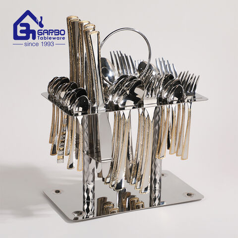 Gold Plated Handle Cutlery Set with Iron Holder Luxury Wedding Flatware 
