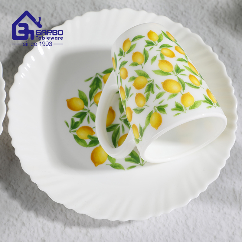Wholesale Opal Glass Dinner Set Custom Lemon Decal Swirl Wave Rim White Opal Glass Tableware Plates Bowls Mugs