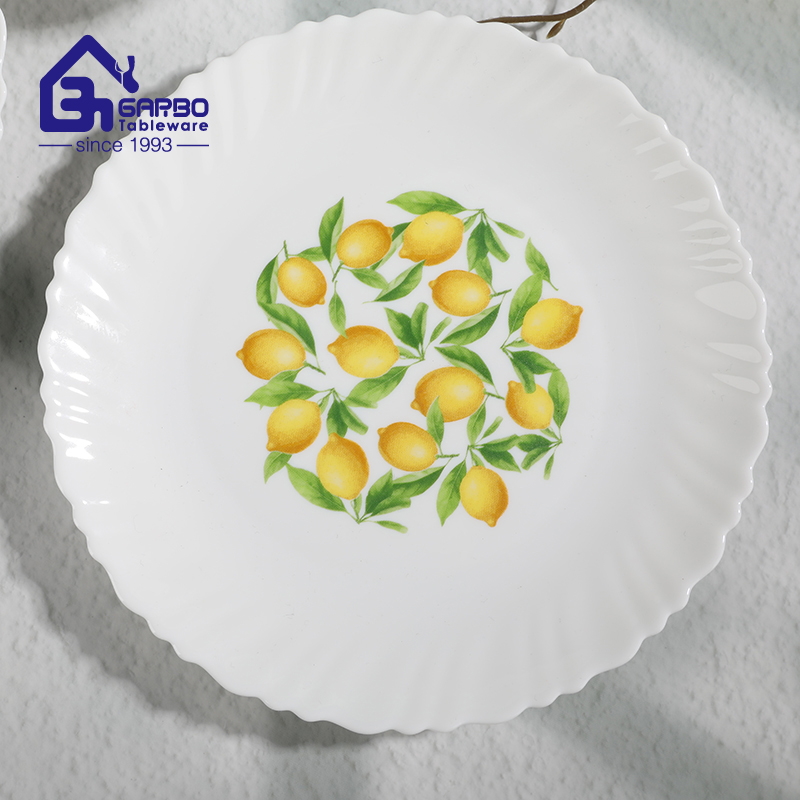 Wholesale Opal Glass Dinner Set Custom Lemon Decal Swirl Wave Rim White Opal Glass Tableware Plates Bowls Mugs