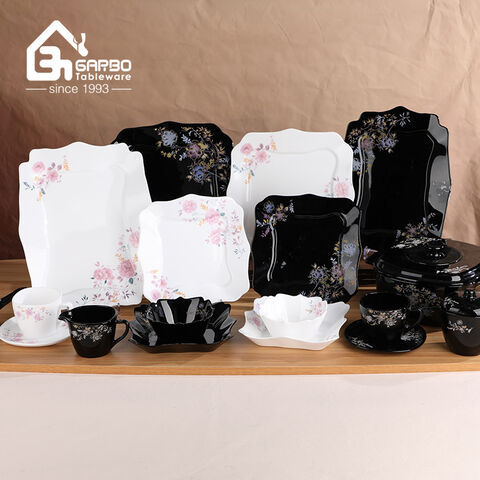 Garbo White and Black Opal Glass Dinner Set 60pcs