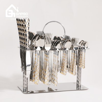 Luxury Stainless Steel Cutlery Set With Storage Rack Gold Plaid Pattern Handle