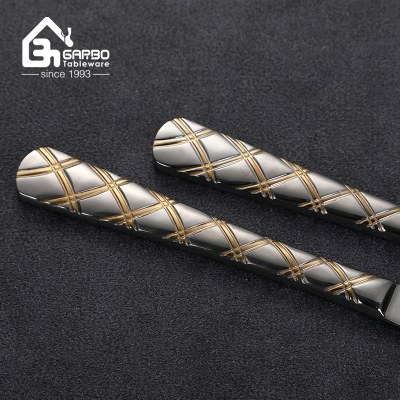 Luxury Stainless Steel Cutlery Set With Storage Rack Gold Plaid Pattern Handle